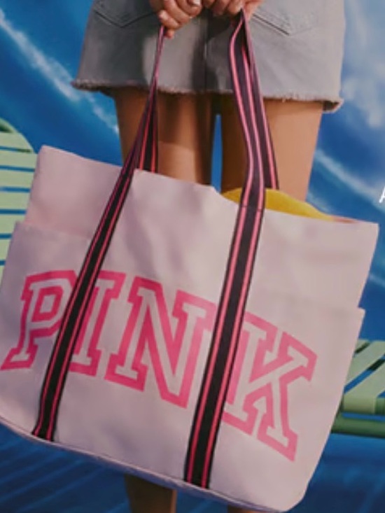 PINK Victoria's Secret Handbags - PINK Victoria's Secret Light Pink Tote with Hot Pink Logo and Striped Handles